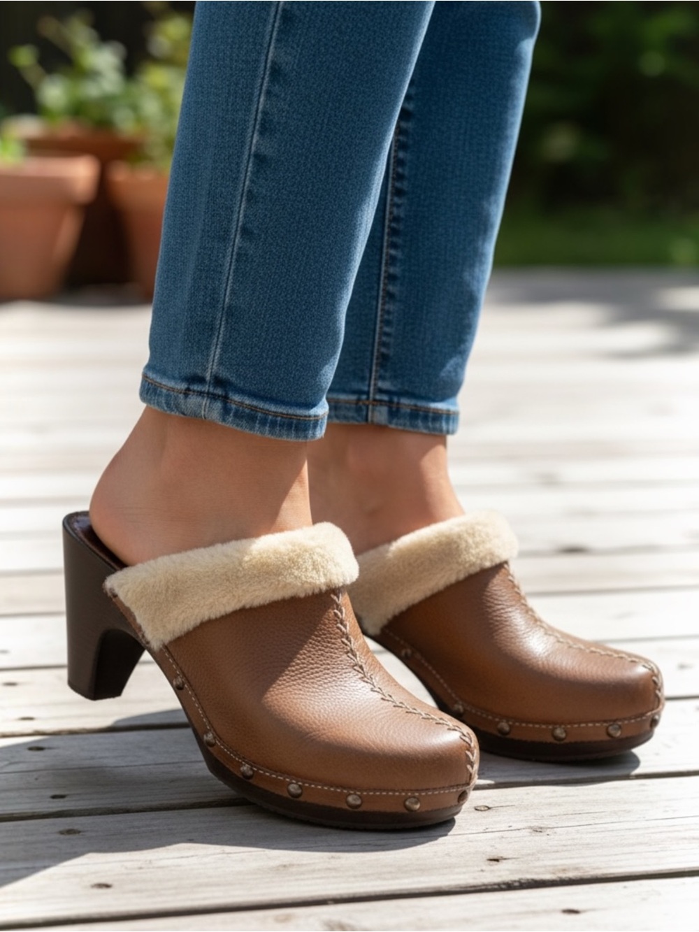 Bare Traps Addison Slip On Brown Leather Faux Fur Heeled Clogs Mules